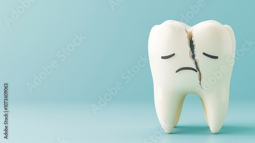 A sad, cracked tooth graphic on a blue background symbolizes dental issues and the importance of oral health care.