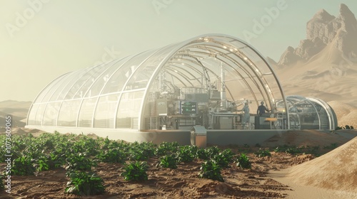 Futuristic Desert Agriculture: Advanced Solar-Powered Irrigation Systems Nurturing Vibrant Crops in Arid Landscape - 3D Render