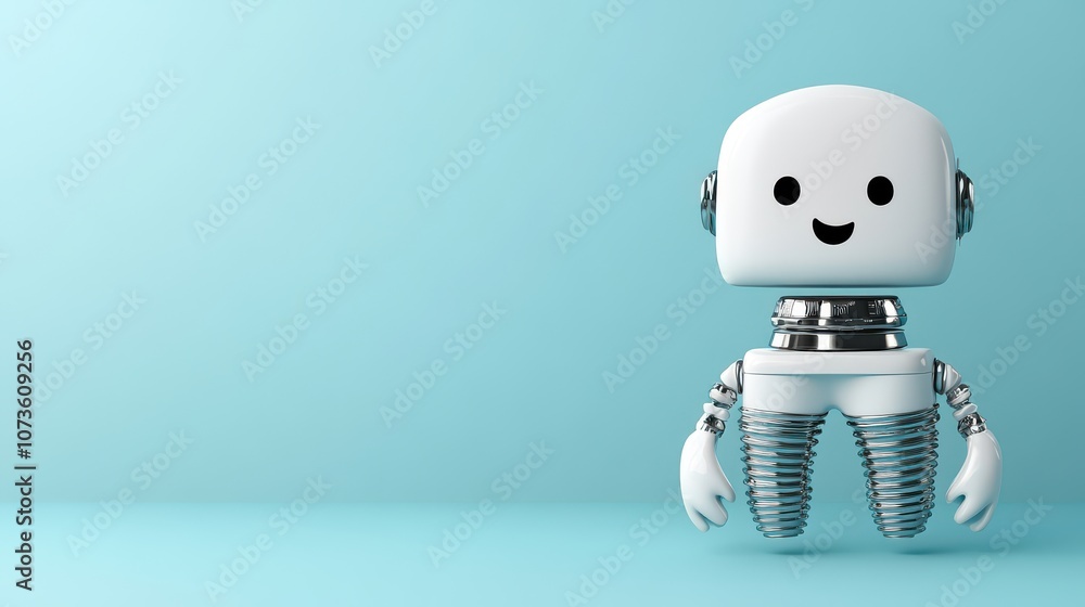 Fototapeta premium A friendly, minimalist robot with a smiling face and metallic springs for arms and legs, set against a soft blue background.