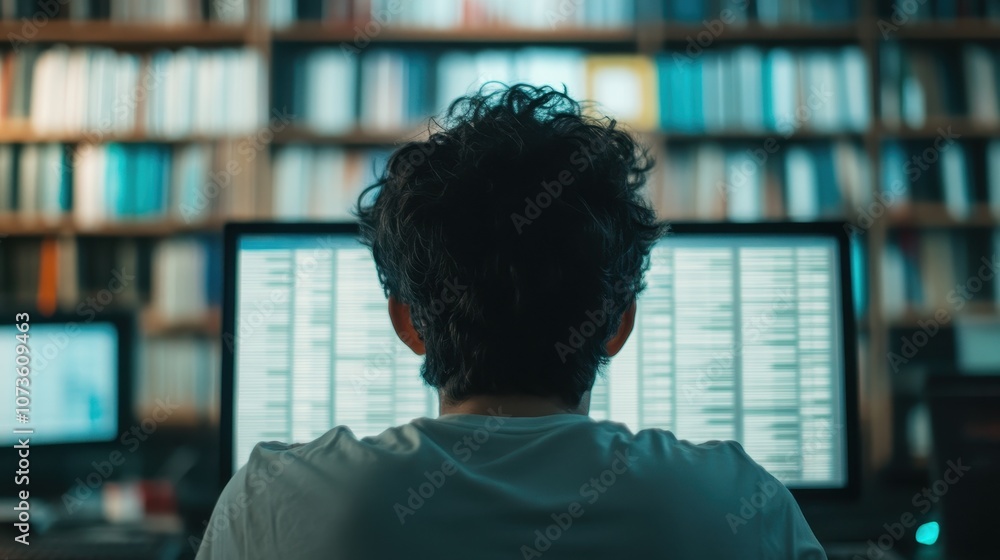 Individual Engaged in Intense Digital Research in Front of Computer Monitors Surrounded by Bookshelves in a Modern Library Environment Individual Engaged in Intense Digital Research in Front of Computer Monitors Surrounded by Bookshelves in a Modern Library Environment
