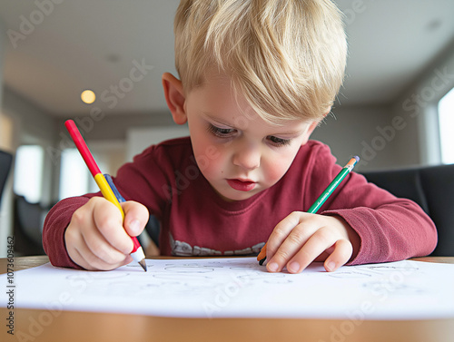 Child focused on coloring with crayons