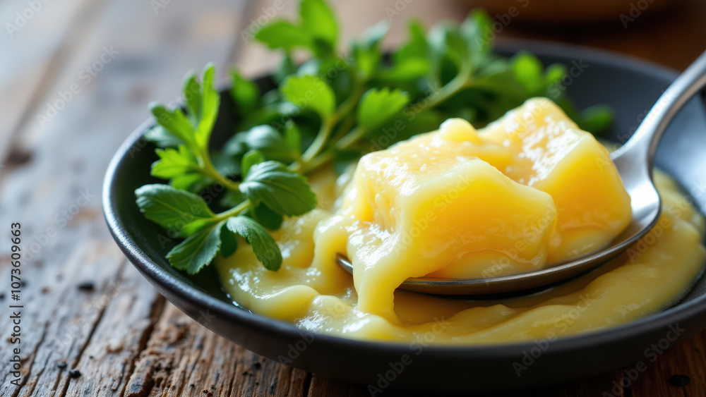 Close-up of a plate with melted butter on top of roasted potatoes garnished with fresh herbs. Close-up of a plate with melted butter on top of roasted potatoes garnished with fresh herbs.