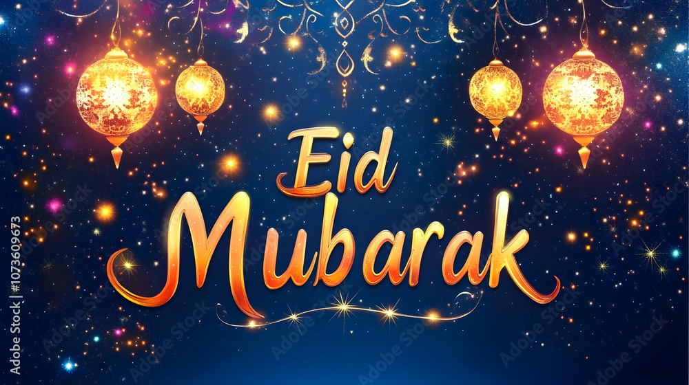 Festive Eid Mubarak greeting with glowing lanterns and ornate design on a blue background. Festive Eid Mubarak greeting with glowing lanterns and ornate design on a blue background.