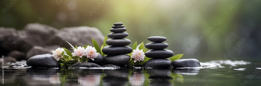 Spa concept with zen basalt stones with flowers Spa concept with zen basalt stones with flowers