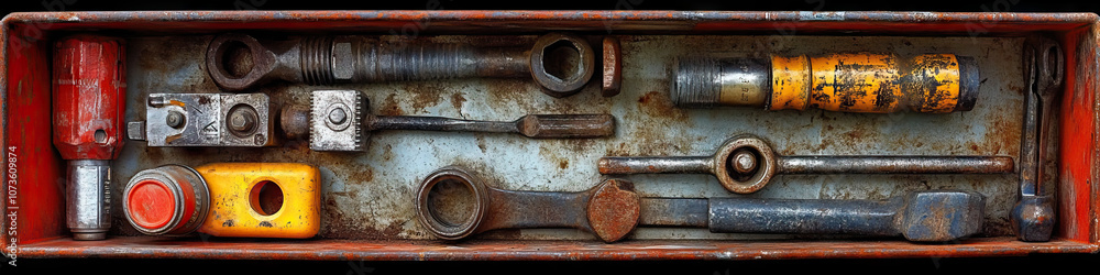 Quiet Confidence of Craftsmanship: A well-worn toolbox, open to reveal a selection of meticulously maintained tools. Quiet Confidence of Craftsmanship: A well-worn toolbox, open to reveal a selection of meticulously maintained tools.