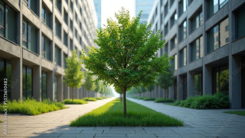 Urban Oasis: A Lush Tree Surrounded by Modern Architecture Urban Oasis: A Lush Tree Surrounded by Modern Architecture
