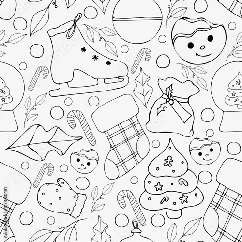 seamless pattern with christmas elements.Seamless vector hand drawn ink pattern of lollipops and candy canes with fir trees and festive elements. Festive sweets background for Christmas designs, print