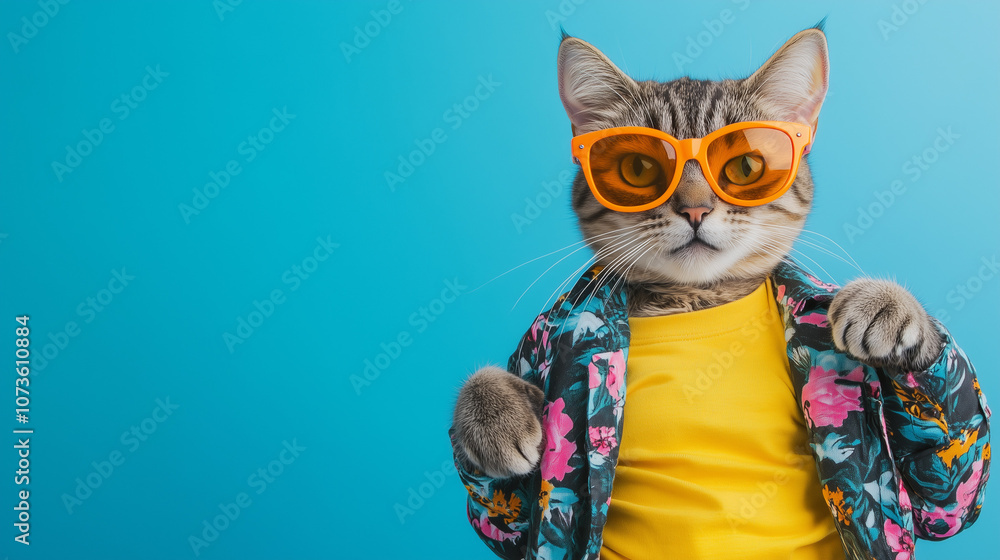 Fototapeta premium Quirky and fun image of a stylish cat wearing vibrant orange sunglasses, a yellow shirt, and a floral jacket against a bright blue background, radiating charm and personality.
