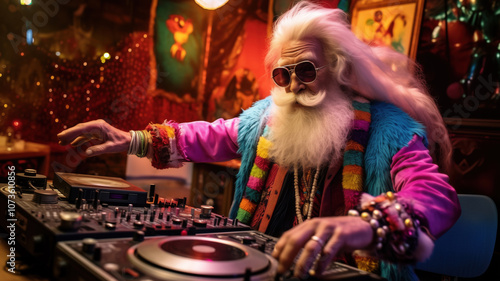 Funky grandfather dancing and playing disco music, hippie senior deejay on nightclub turntable, cool Christmas Santa