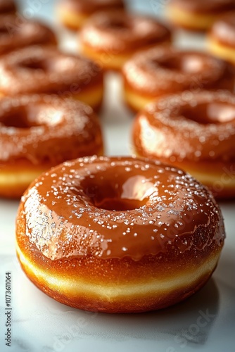 Glazed donuts with caramel and granulated sugar.