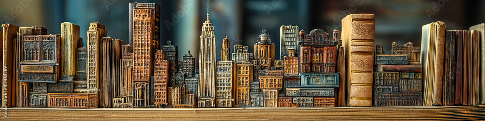 Obraz premium Minuscule Metropolis: A miniature cityscape, crafted from intricately painted matchsticks, perched atop a stack of old books.