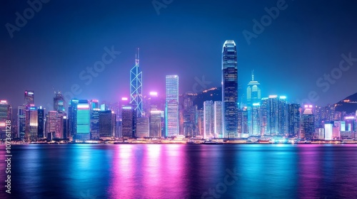 Futuristic city skyline with dynamic lighting effects, glowing neon accents, vibrant night scene