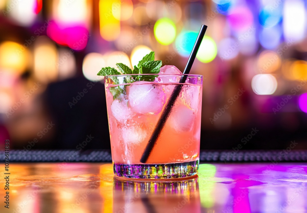 Pink Cocktail with Mint on Bar Counter Pink Cocktail with Mint on Bar Counter