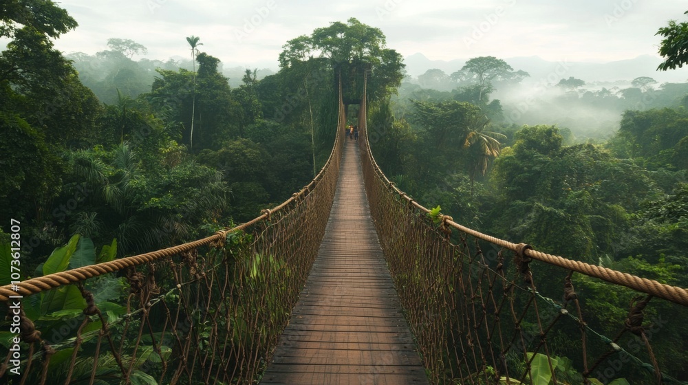 Obraz premium Suspended Bridge in Misty Jungle
