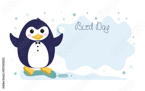 Banner, postcard. National Bird Day. Cute funny penguin, polar bird. Cartoon animal of Antarctica. Hand lettering. Space for text. Background with snowflakes, snow, ice.