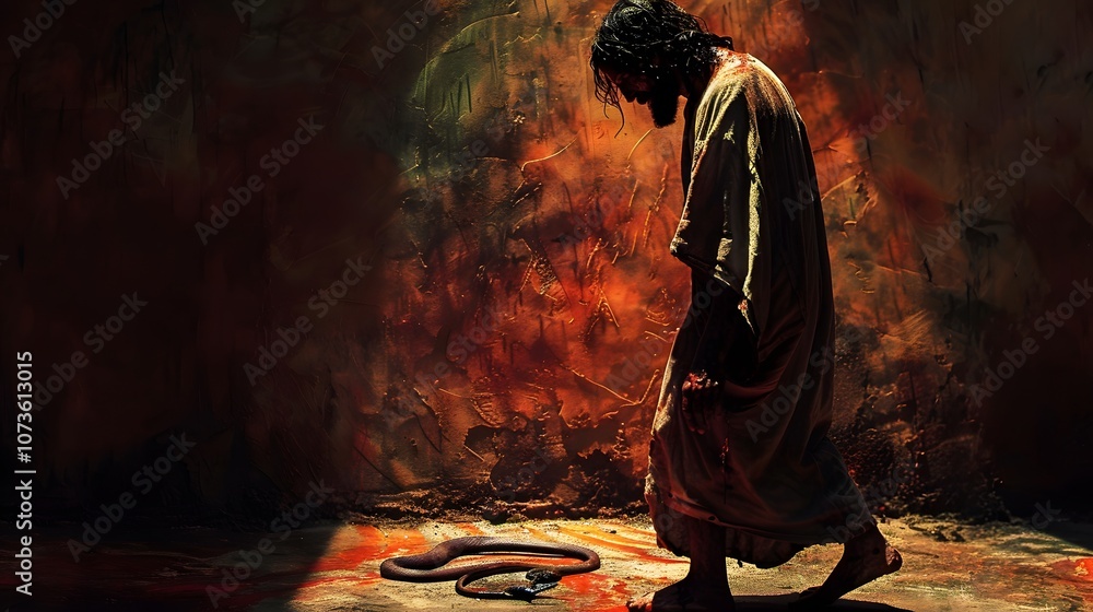 Fototapeta premium A weary but steadfast Jesus standing tall, as Satan’s serpent-like shadow coils around his feet, symbolizing the deceit of temptation. 