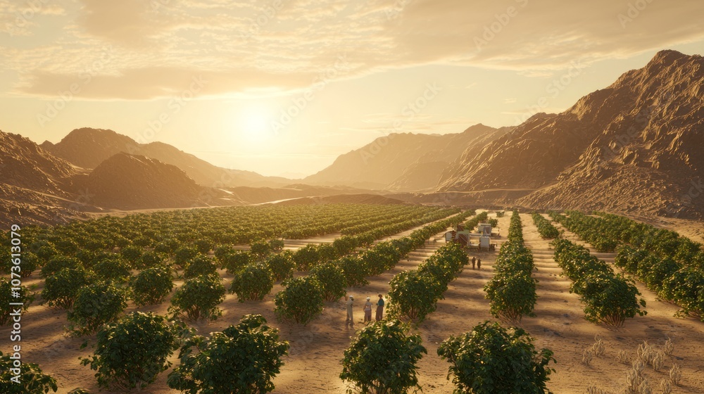 Naklejka premium Futuristic Desert Farming: Solar-Powered Irrigation Systems Amidst Arid Landscape
