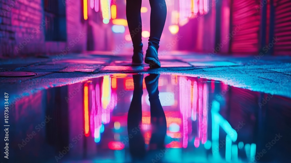 Neon reflections in a dark alley puddle, vibrant and dynamic city feel Neon reflections in a dark alley puddle, vibrant and dynamic city feel