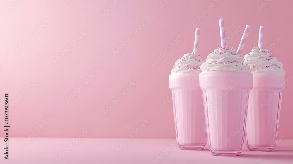 Pink Milkshakes with Whipped Cream and Sprinkles on Pink Background Pink Milkshakes with Whipped Cream and Sprinkles on Pink Background