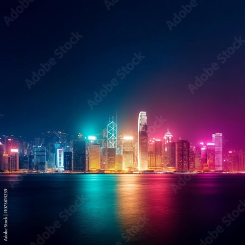 Night city skyline with dynamic artificial lighting, colorful and vibrant urban energy