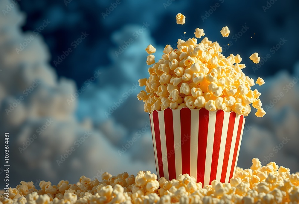 Popcorn in Red and White Striped Bucket with Blurred Cloud Background