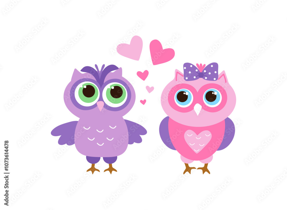 Obraz premium Set of vector cartoon bright owls. Valentine's Day. Cartoon couple of cute bright birds. Design for a holiday card.