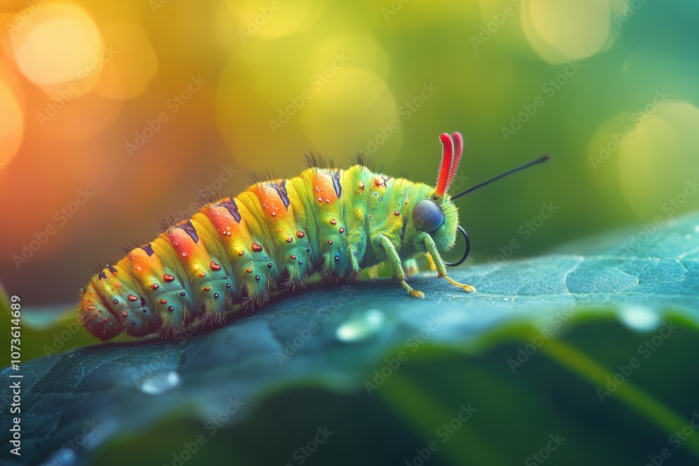 A strikingly colorful caterpillar crawls along a lush green leaf, showcasing its vivid hues and intricate patterns against a dreamy, blurred background of soft bokeh lights. A strikingly colorful caterpillar crawls along a lush green leaf, showcasing its vivid hues and intricate patterns against a dreamy, blurred background of soft bokeh lights.