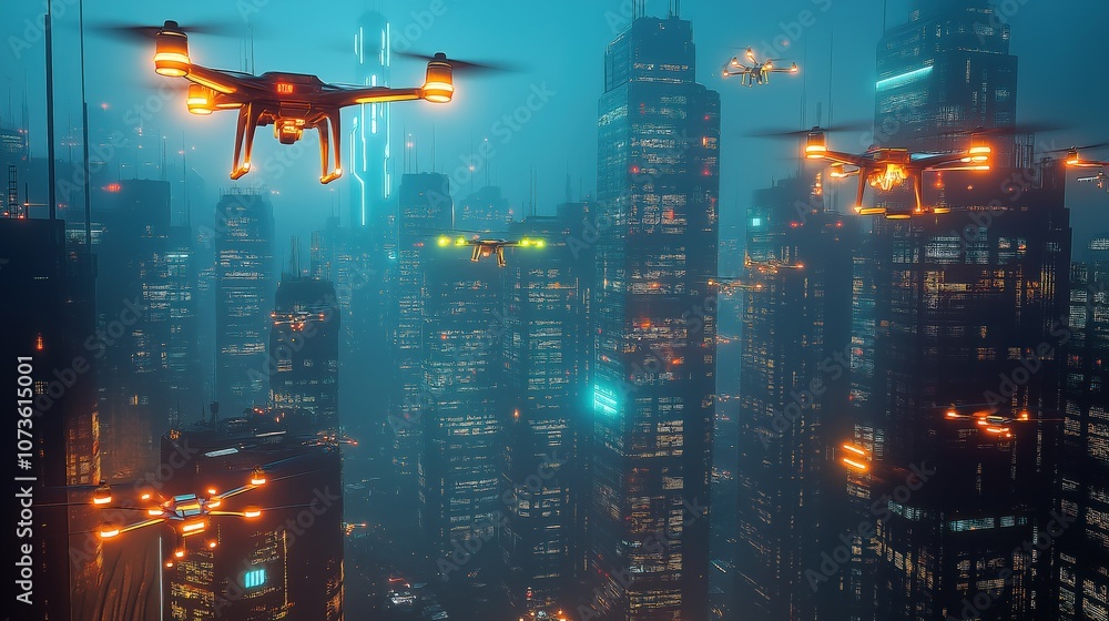 Futuristic Cityscape at Night With Glowing Drones and Vibrant Neon Lights Overhead Futuristic Cityscape at Night With Glowing Drones and Vibrant Neon Lights Overhead