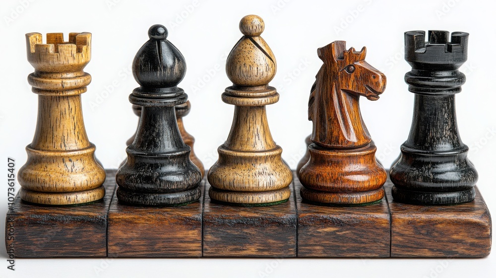 High-quality Chess Pieces on a Wooden Board Isolated on a White Background for Strategic Game Illustrations and Marketing Materials High-quality Chess Pieces on a Wooden Board Isolated on a White Background for Strategic Game Illustrations and Marketing Materials
