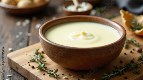 A wooden cutting board with bowls containing beef tallow, garnished with herbs and spices.