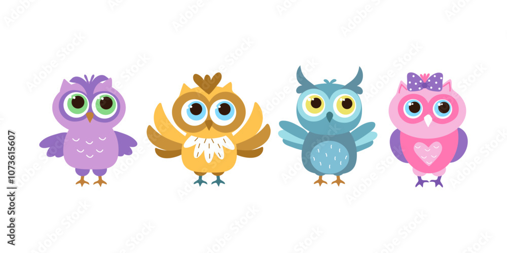 Set of vector cartoon owls. Collection of various cute birds for creative design projects, minimalistic cute bright set owls, vector illustration Set of vector cartoon owls. Collection of various cute birds for creative design projects, minimalistic cute bright set owls, vector illustration