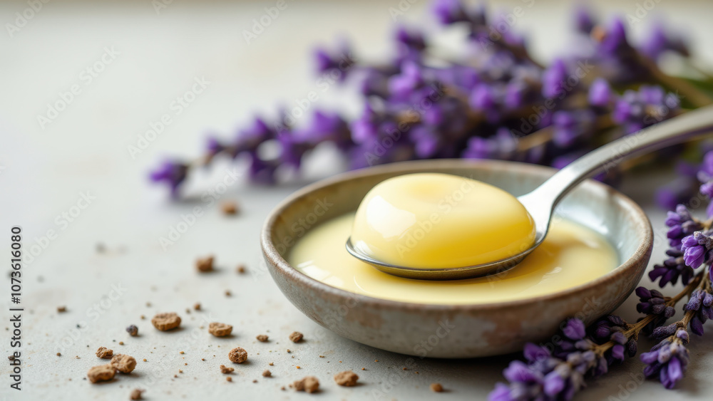 Bowl containing a single piece of yellowish-orange beef tallow with herbs on wooden table surrounded by lavender flowers and spices. Bowl containing a single piece of yellowish-orange beef tallow with herbs on wooden table surrounded by lavender flowers and spices.