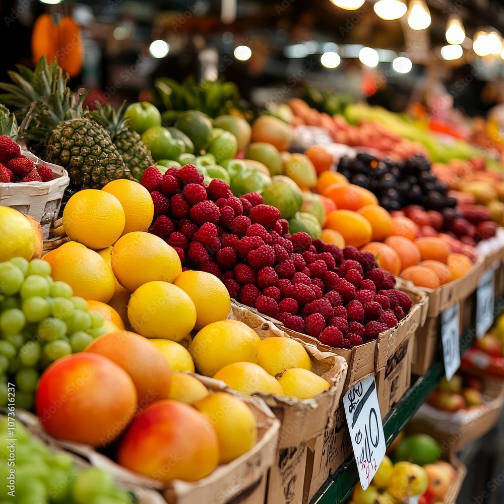 Soft lighting on fresh fruits in a market, vibrant and inviting Soft lighting on fresh fruits in a market, vibrant and inviting