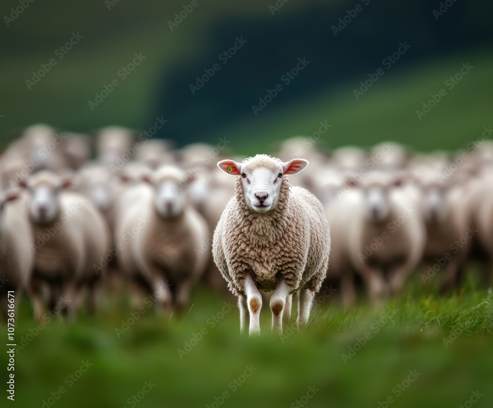 Obraz premium A curious sheep stands out in a lush green field, surrounded by its flock. The serene landscape highlights the beauty of rural life and livestock dynamics.