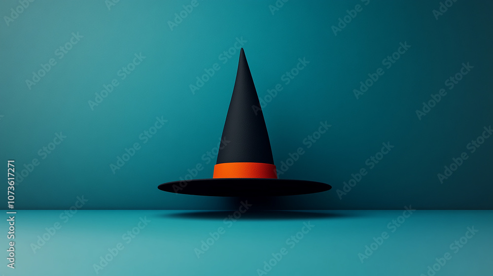 Fototapeta premium A black witch's hat with an orange band sits on a blue background.