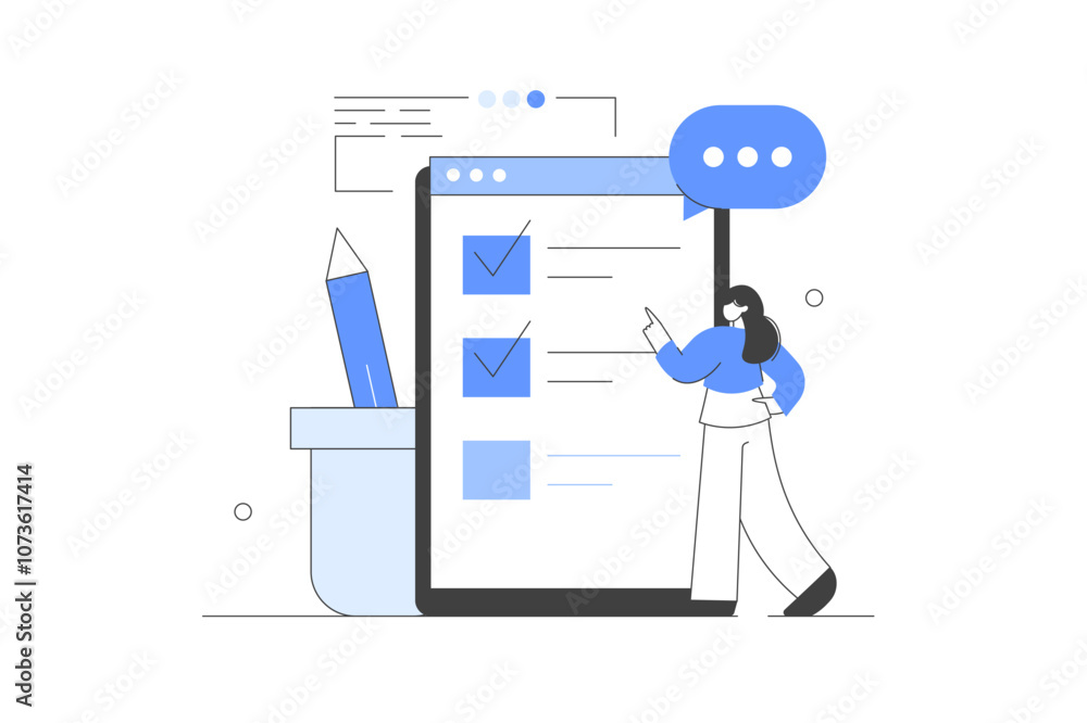 Putting Check Mark on Checklist. Finance Audit Concept. Finance. Online survey. Filling up survey form. Vector Illustration, icon. Stylish, Minimalist Putting Check Mark on Checklist. Finance Audit Concept. Finance. Online survey. Filling up survey form. Vector Illustration, icon. Stylish, Minimalist