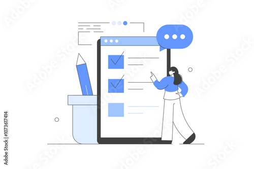 Putting Check Mark on Checklist. Finance Audit Concept. Finance. Online survey. Filling up survey form. Vector Illustration, icon. Stylish, Minimalist 