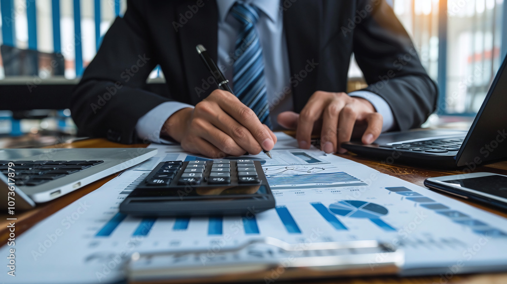 A Business Professional Analyzes Financial Reports and Documents at a Desk With Multiple Devices in a Modern Office Setting During the Afternoon A Business Professional Analyzes Financial Reports and Documents at a Desk With Multiple Devices in a Modern Office Setting During the Afternoon
