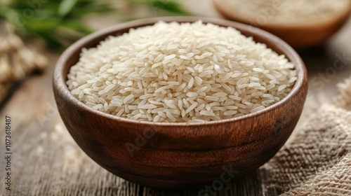 Bowl of Raw White Rice on Wooden Table