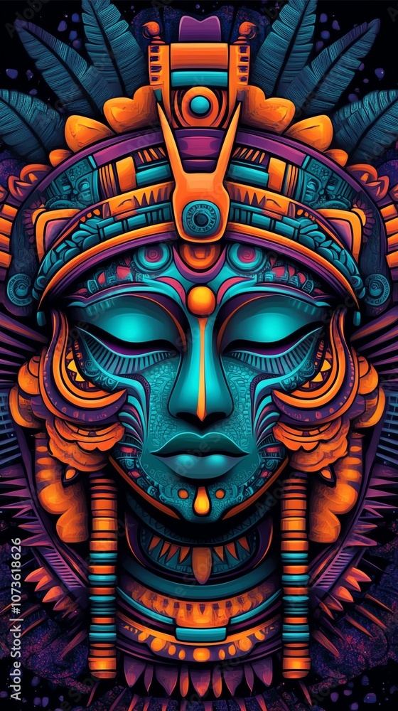 Fototapeta premium A vibrant, artistic depiction of a face adorned with intricate patterns and colorful elements, showcasing cultural themes and spiritual symbolism.