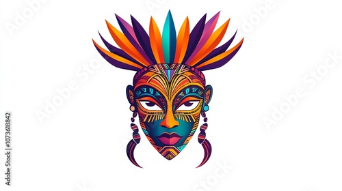 A vibrant, colorful mask featuring bold patterns and feathers, embodying cultural artistry and expression.