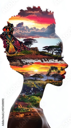 A vibrant double exposure image showcasing a silhouette of a woman's profile filled with colorful landscapes and nature scenes.