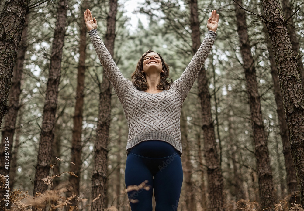Smiling Woman Practicing Yoga in Pine Forest Smiling Woman Practicing Yoga in Pine Forest