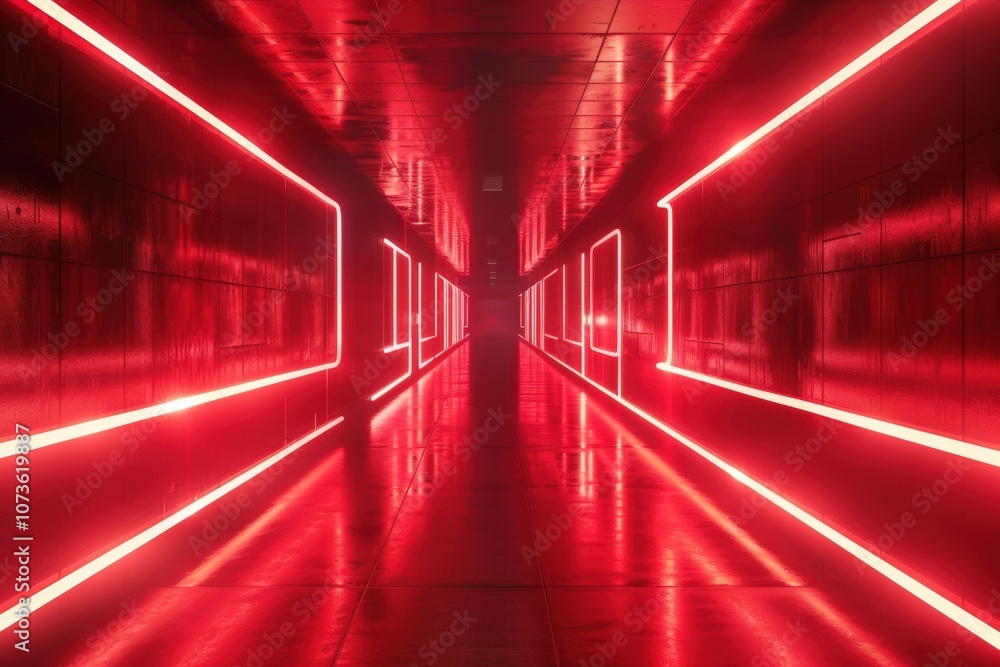 A Red Neon Lit Hallway with Wet Concrete Floor A Red Neon Lit Hallway with Wet Concrete Floor