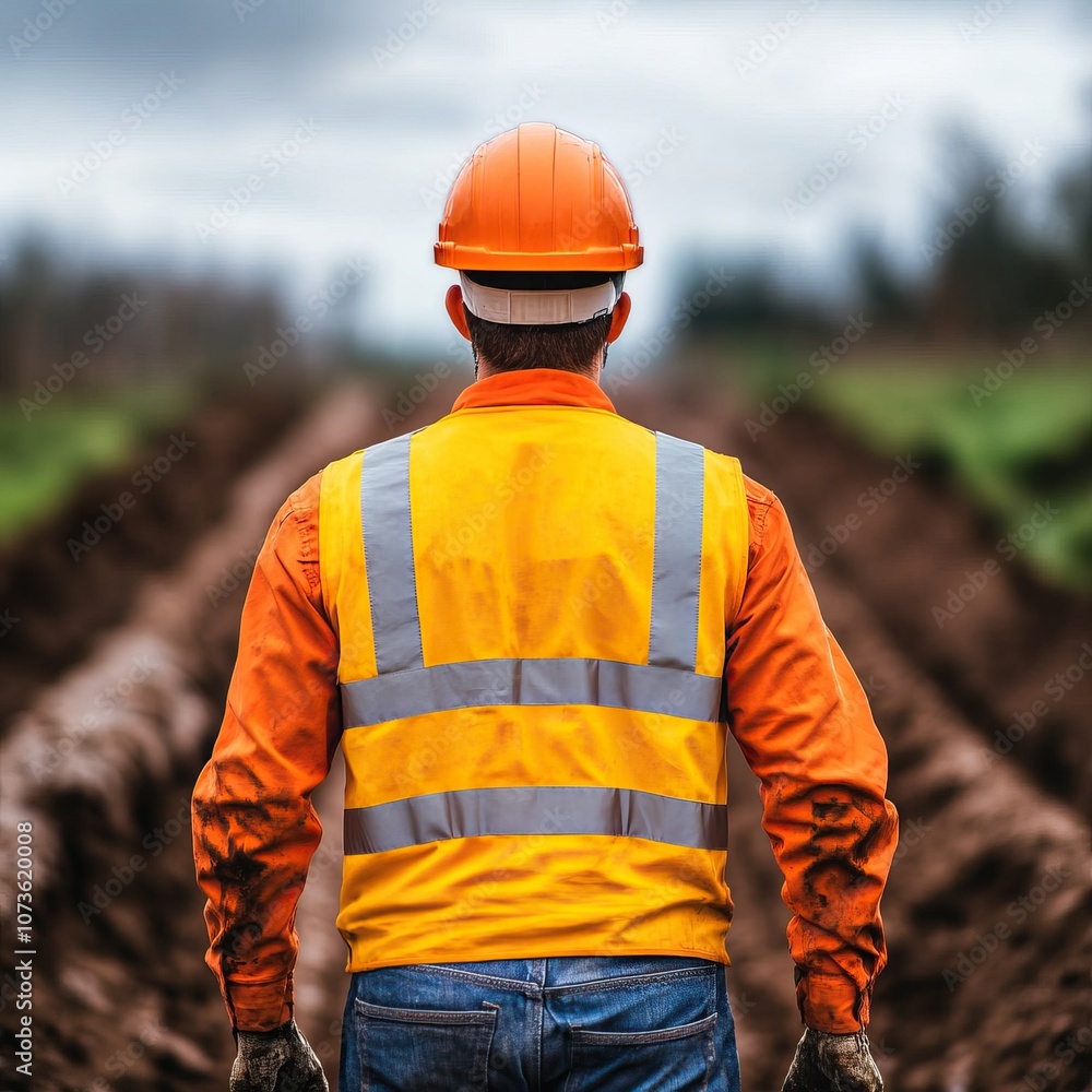 A worker in a safety vest and helmet stands facing a field, ready for construction or maintenance work under a cloudy sky. A worker in a safety vest and helmet stands facing a field, ready for construction or maintenance work under a cloudy sky.
