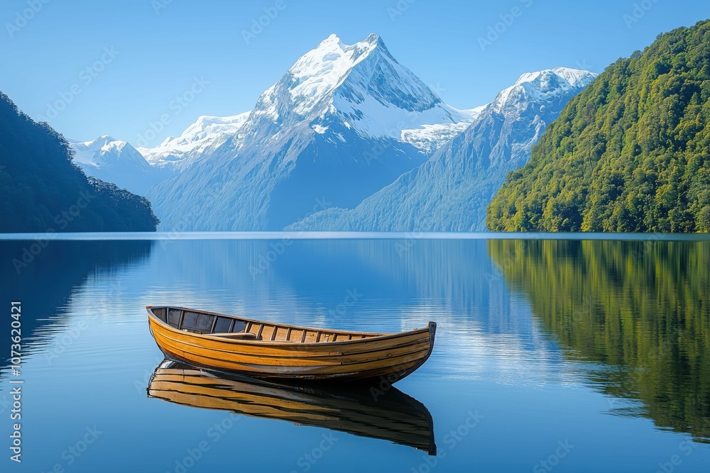 Wooden boat on a calm lake, snowy mountain in the background. Wooden boat on a calm lake, snowy mountain in the background.