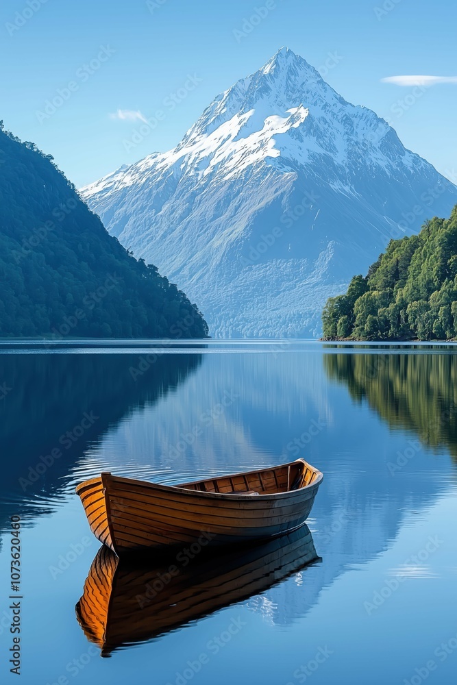 Wooden boat on a calm lake, snowy mountain in the background. Wooden boat on a calm lake, snowy mountain in the background.