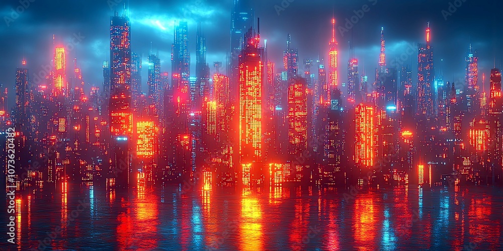 Neon cityscape reflecting in wet street. Neon cityscape reflecting in wet street.