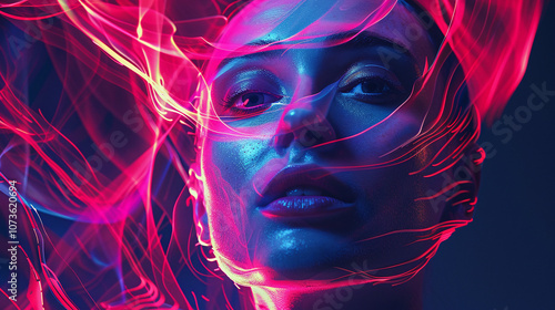 A Captivating Portrait of a Woman Illuminated by Vibrant, Swirling Neon Lights Against a Dark Background, Showcasing a Blend of Creativity and Artistry During an Experimental Photoshoot