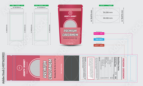 Premium cardamom pouch design template, pouch packaging mockup, 100% pure , food and product branding design